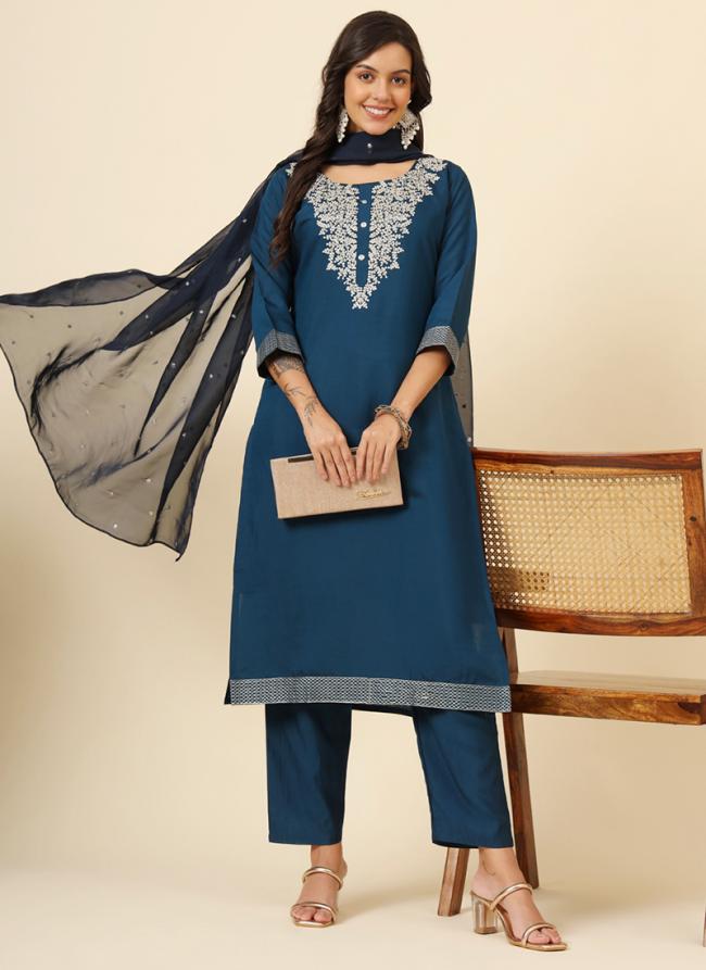 Muslin Aqua Blue Traditional Wear Embroidery Work Readymade Kurti Set